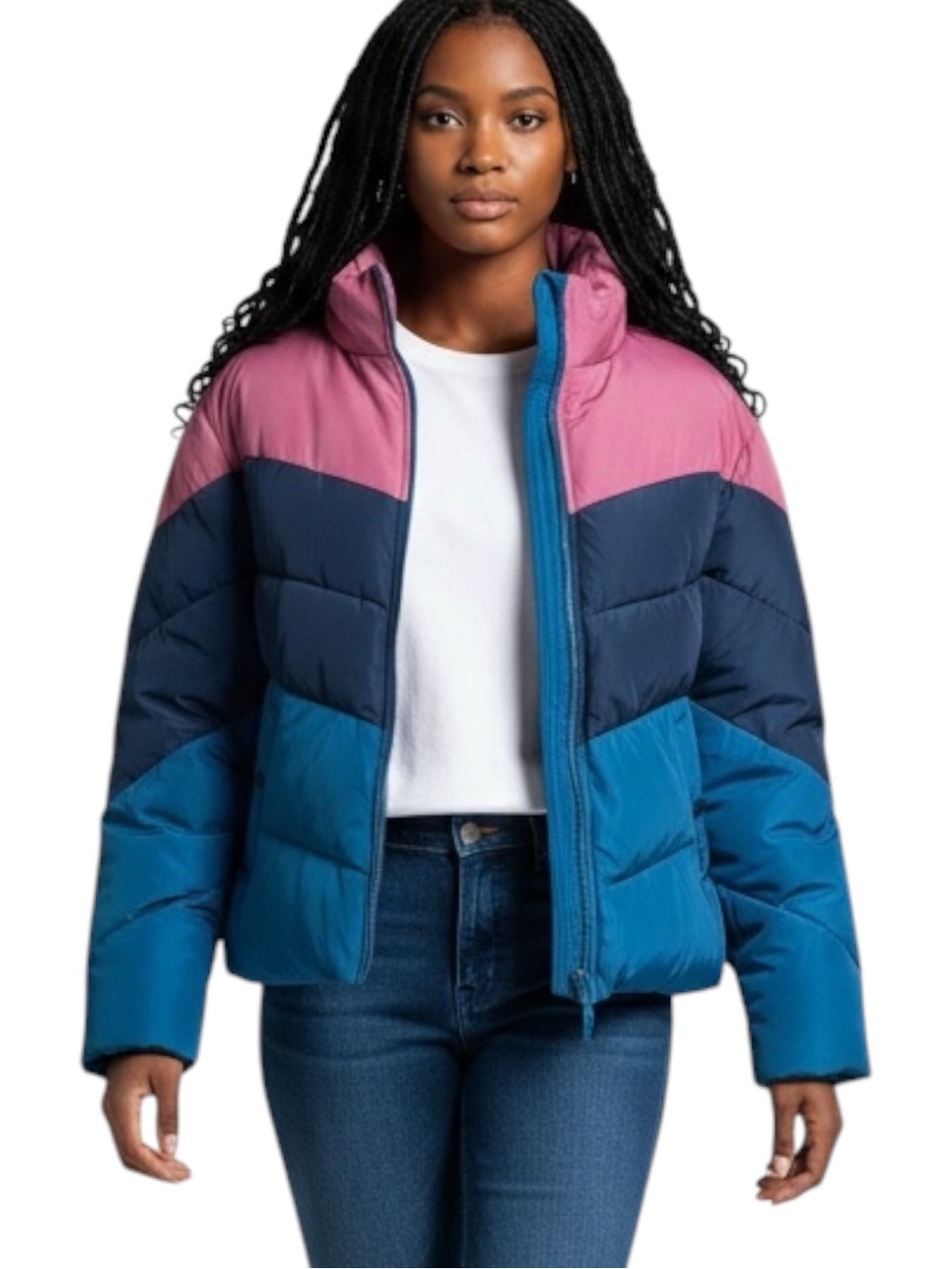 Sundance Colorblock Puffer Jacket in Pink, Navy & Blue NWOT Size L Sporty Skiing